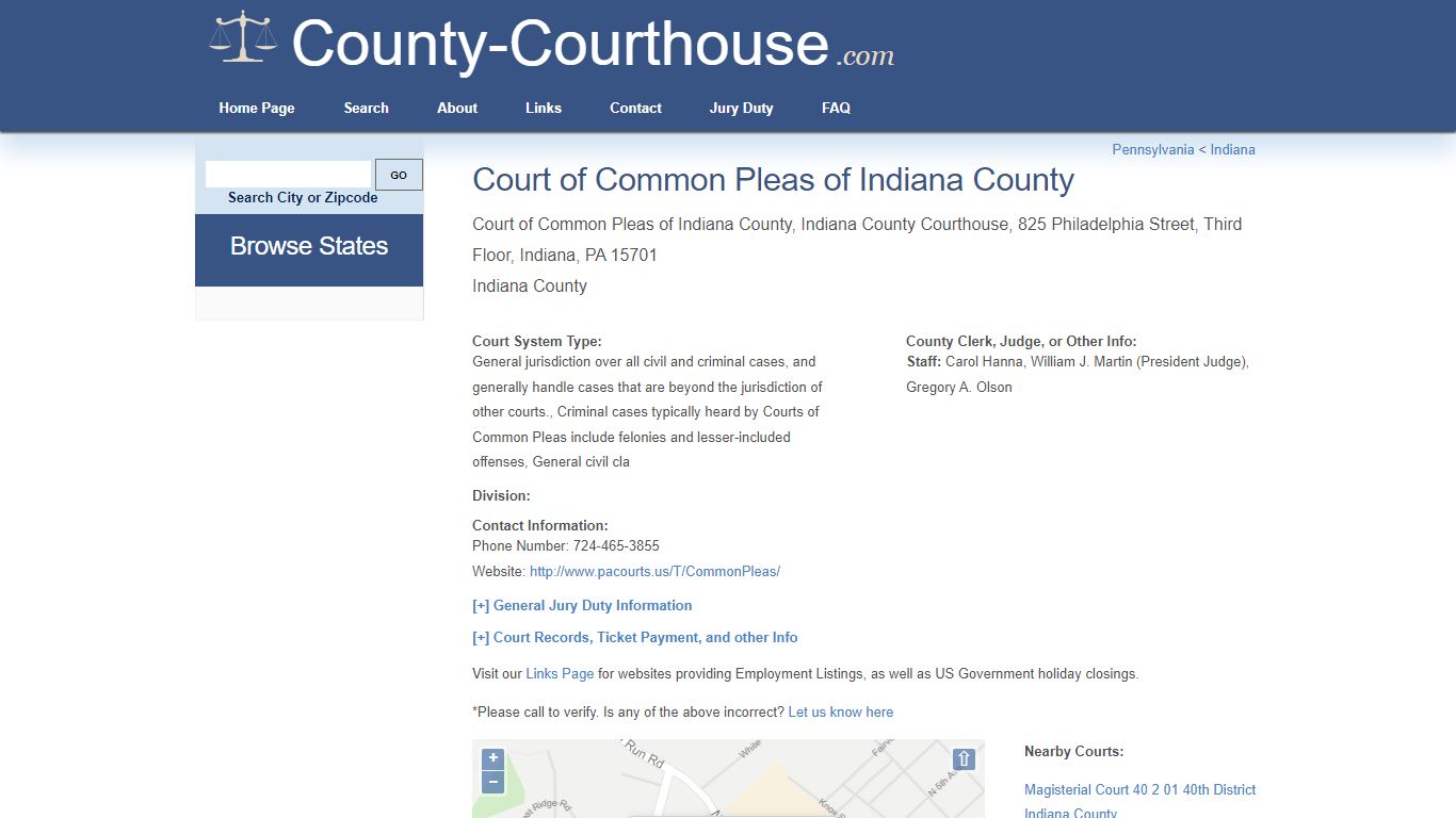 Court of Common Pleas of Indiana County in Indiana, PA - Court Information